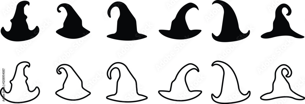 Magic Wizard Witch Hats showing cap a black witch hat icon in flat line set isolated on a transparent background. Halloween holiday Vector Design for apps or website Magic Wizard Witch Hats showing cap a black witch hat icon in flat line set isolated on a transparent background. Halloween holiday Vector Design for apps or website