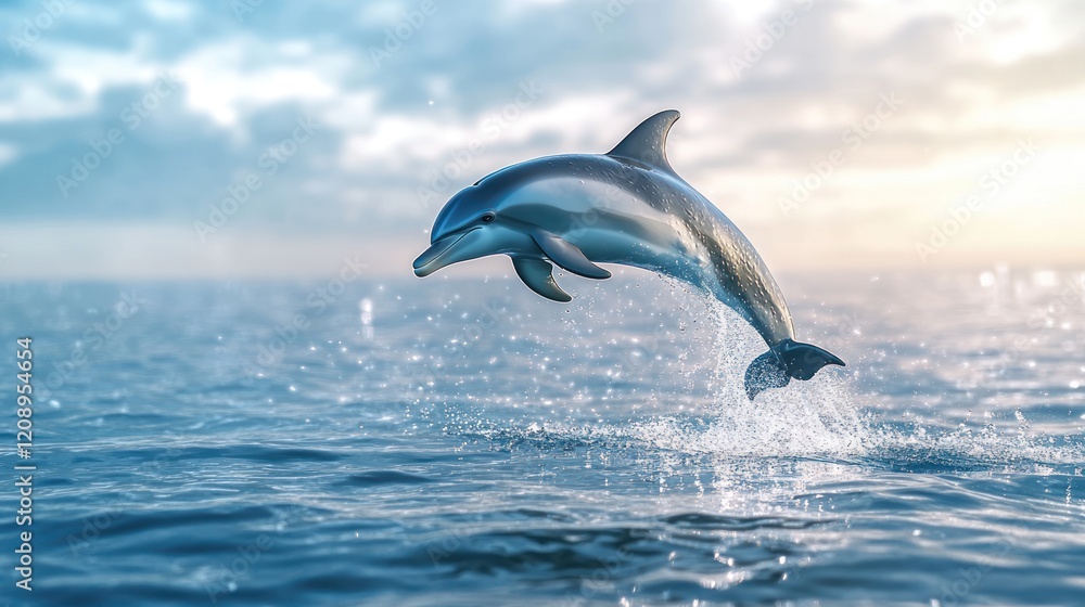 Fototapeta premium A Dolphin Leaping Gracefully from the Sparkling Blue Waters at Sunrise