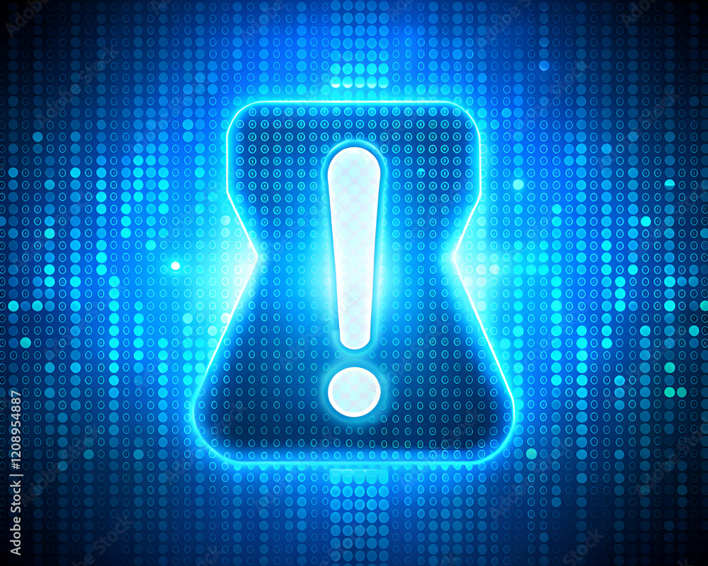 Glowing Exclamation Mark. Digital Alert and Warning Sign on Blue Tech Background