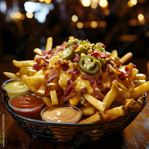 basket of loaded French fries topped with melted cheese, crispy bacon, and jalapeno slices, served with variety of dipping sauces, creating delicious and indulgent snack