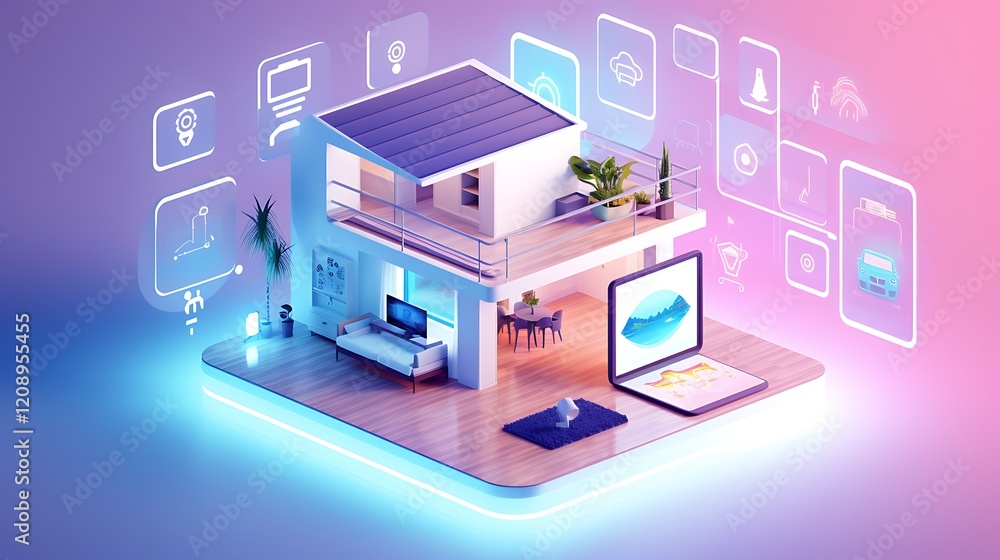 Smart real estate with virtual property tours, smart home features, and digital interfaces, flat isometric 3D vector image Smart real estate with virtual property tours, smart home features, and digital interfaces, flat isometric 3D vector image