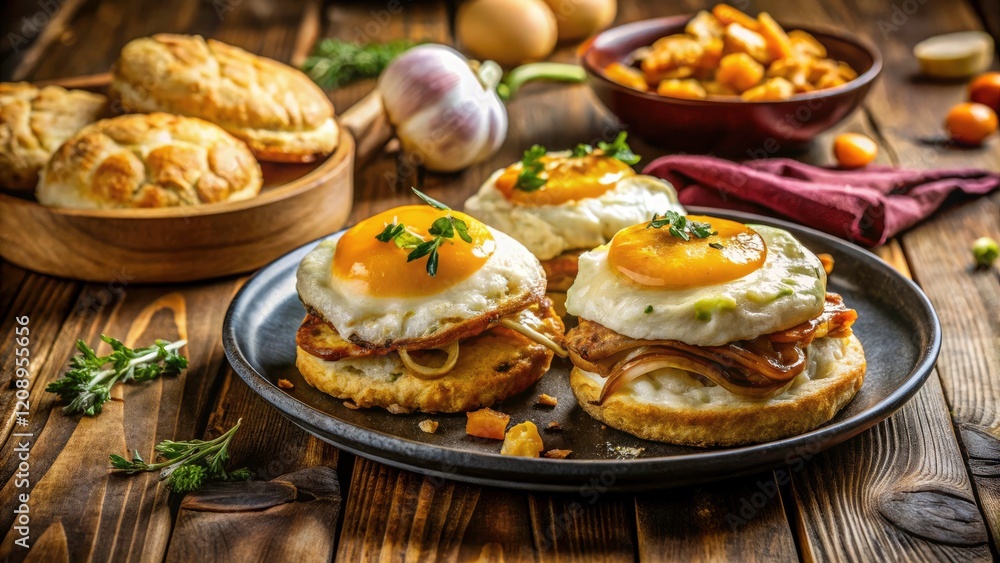 Delicious Breakfast: Biscuits, Eggs, Cheese, Onions - Food Photography Styling Delicious Breakfast: Biscuits, Eggs, Cheese, Onions - Food Photography Styling