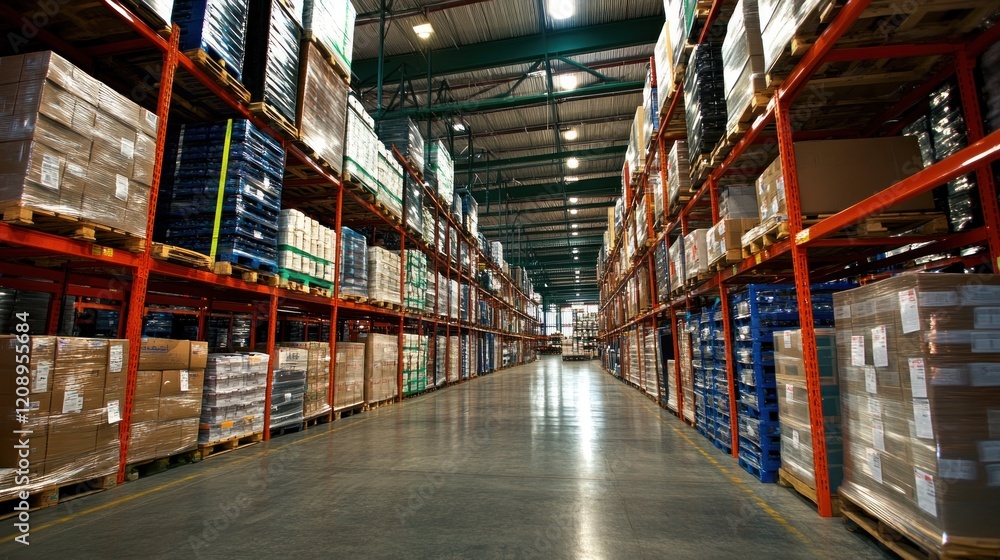 Warehouse Interior with Rows of Shelving Filled with Products Warehouse Interior with Rows of Shelving Filled with Products