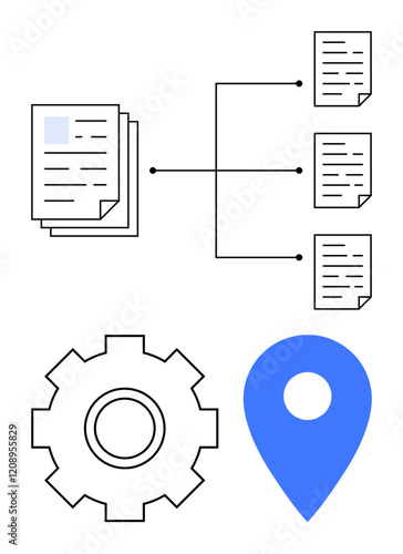 Documents linked in a workflow hierarchy, gear representing system automation, and location marker. Ideal for data sharing, organization, collaboration, automation, and process mapping. Abstract line