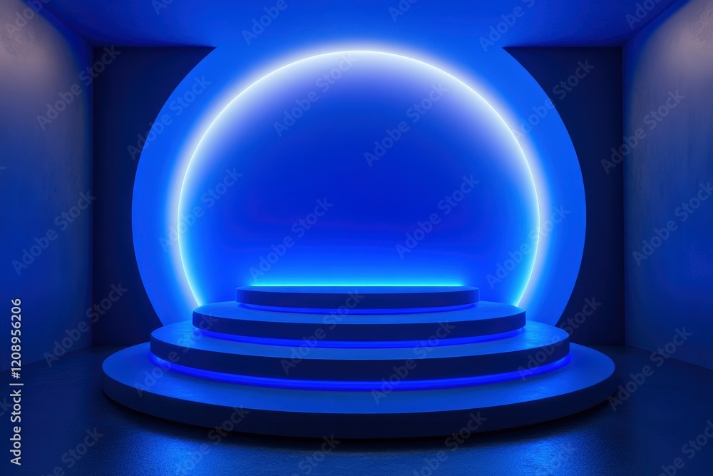 Futuristic 3D Metallic Blue Podium with Bright Blue Spotlight, Perfect for Technology Concept, Product Display, Mockup, Showroom Showcase and Modern Design Scene. Futuristic 3D Metallic Blue Podium with Bright Blue Spotlight, Perfect for Technology Concept, Product Display, Mockup, Showroom Showcase and Modern Design Scene.