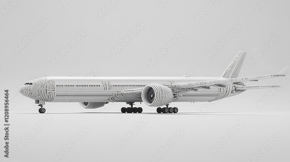 A side view of a large passenger airplane with elegant aerodynamic design, detailed engines, and landing gear, placed on a pure white backdrop A side view of a large passenger airplane with elegant aerodynamic design, detailed engines, and landing gear, placed on a pure white backdrop