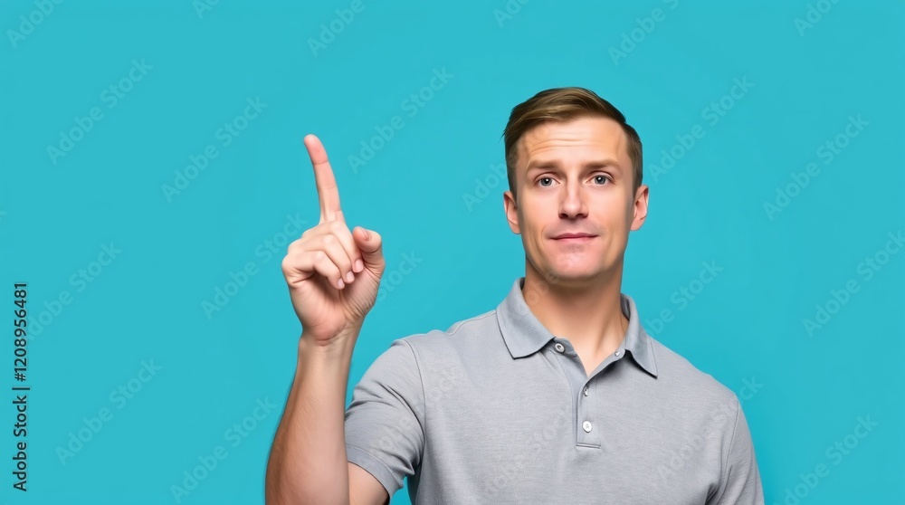 Confident man pointing upward against a bright blue background Confident man pointing upward against a bright blue background