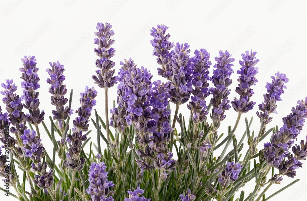 Obraz premium Beautiful Lavender Flowers Isolated on White Background – Elegant Floral Composition