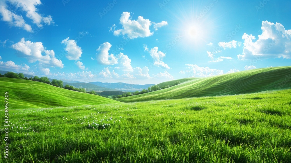 Sunny day with green rolling hills and blue sky with fluffy clouds. AI generative. . Sunny day with green rolling hills and blue sky with fluffy clouds. AI generative. .