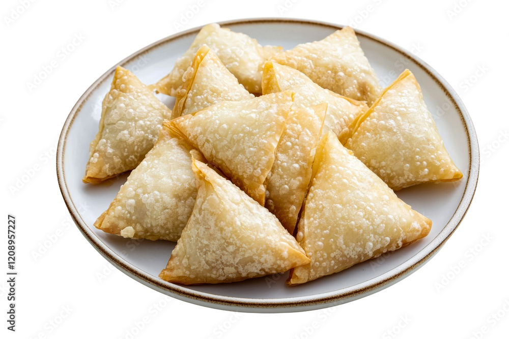 Savory pastries filled with spiced potatoes served on a white plate isolated on transparent background Savory pastries filled with spiced potatoes served on a white plate isolated on transparent background