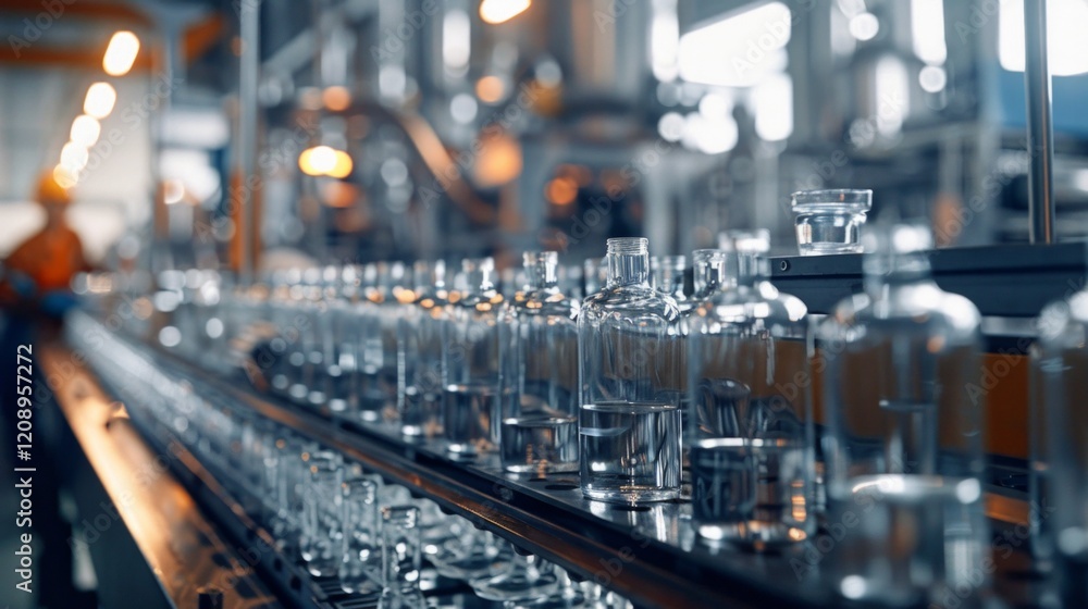 A row of glass bottles move along a conveyor belt in a factory setting. AI generative. . A row of glass bottles move along a conveyor belt in a factory setting. AI generative. .
