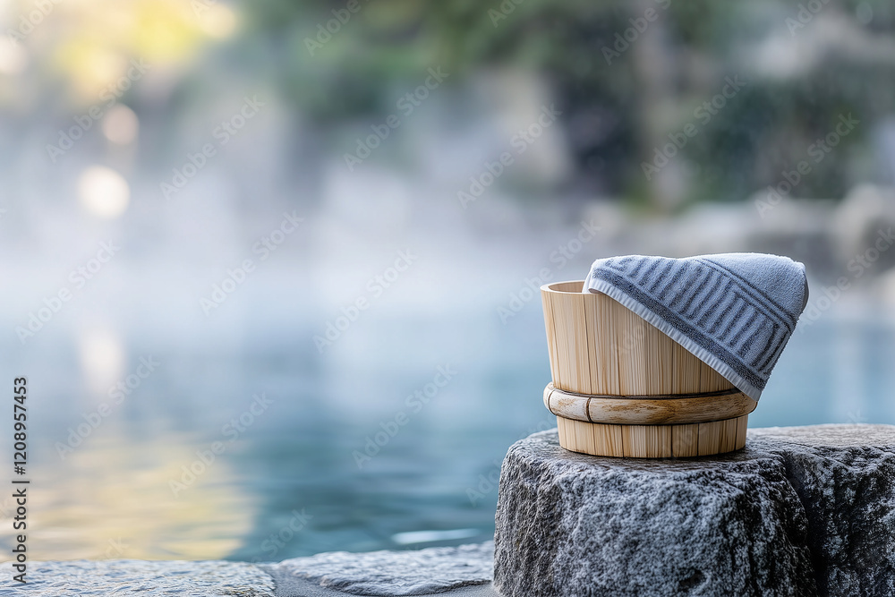 Relaxing outdoor Japanese hot spring with towel and wooden bucket Relaxing outdoor Japanese hot spring with towel and wooden bucket