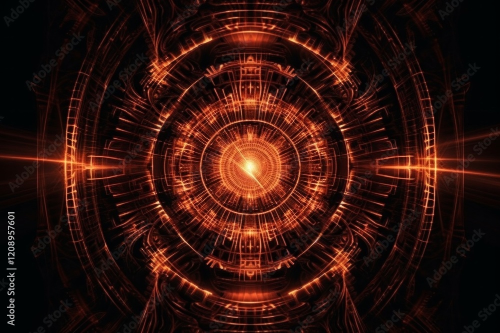 Obraz premium Circular pattern of glowing orange lines on a black background. AI generative. .