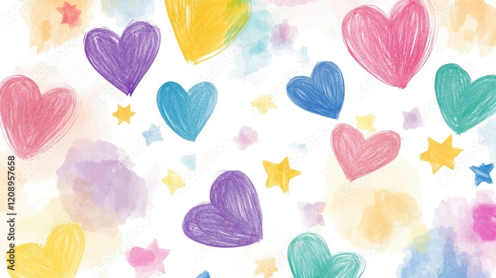 Fototapeta premium Colorful Hearts, Stars Watercolor Design