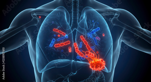 3D Medical Illustration of Pneumococcal Pneumonia Showing Streptococcus Pneumoniae Bacteria in Human Lungs