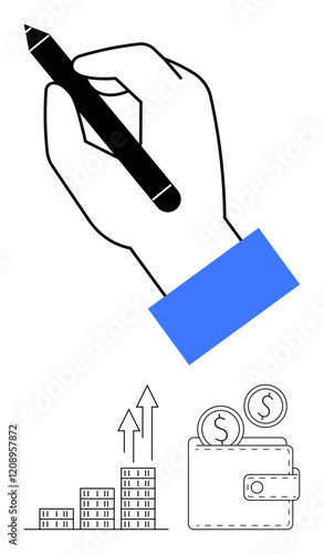 Hand with pen suggesting writing or planning, buildings with upward arrows representing growth, wallet with coins for finance. Ideal for strategy, money management, business, investments, ideas