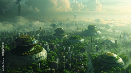 Futuristic cityscape with green overgrown buildings, cloudy sky, and a hint of sun. AI generative. . photo