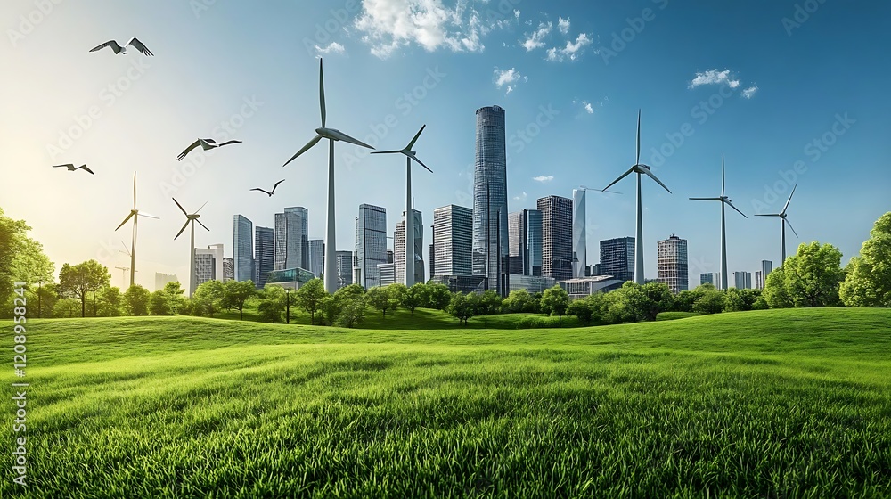 Vibrant city with powered by windmills nestled in a lush green landscape For sustainable urban development and a clean energy future Concept. Vibrant city with powered by windmills nestled in a lush green landscape For sustainable urban development and a clean energy future Concept.