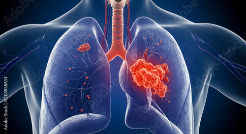 3D Illustration of Secondary Tuberculosis in Lungs with Apical Nodule Formation photo