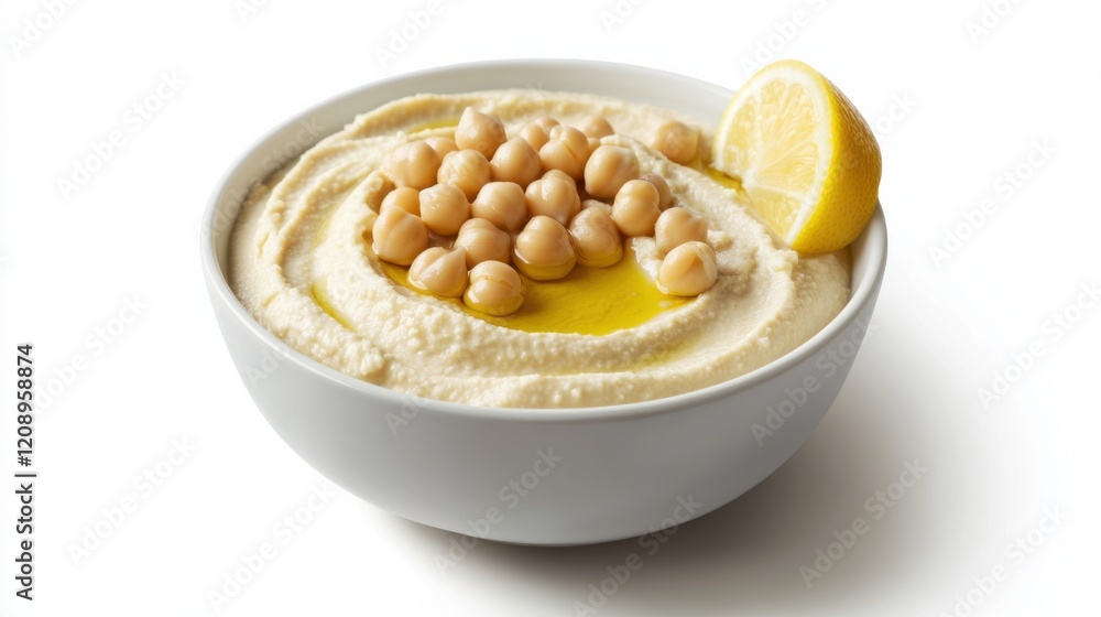 A bowl of creamy hummus with chickpeas, tahini, lemon juice A bowl of creamy hummus with chickpeas, tahini, lemon juice