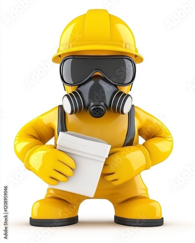 A cartoon character in a yellow safety suit and helmet holds a container, wearing a gas mask and protective goggles, symbolizing safety and hazardous material handling. photo