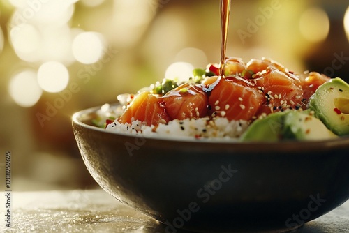 poke bowl with salmon, a drizzle of soy sauce on top photo