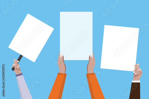 Hand holding blank placard. Placard with place for text. Hand with clean, white placard, clean paper