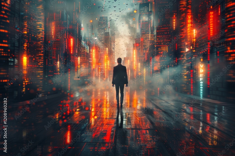Silhouette of a man walking down a wet, neon-lit street in a futuristic city. AI generative. . Silhouette of a man walking down a wet, neon-lit street in a futuristic city. AI generative. .