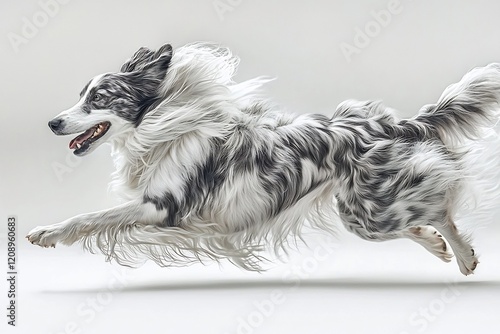 Border collie in motion running energetically across a white background with fur flying