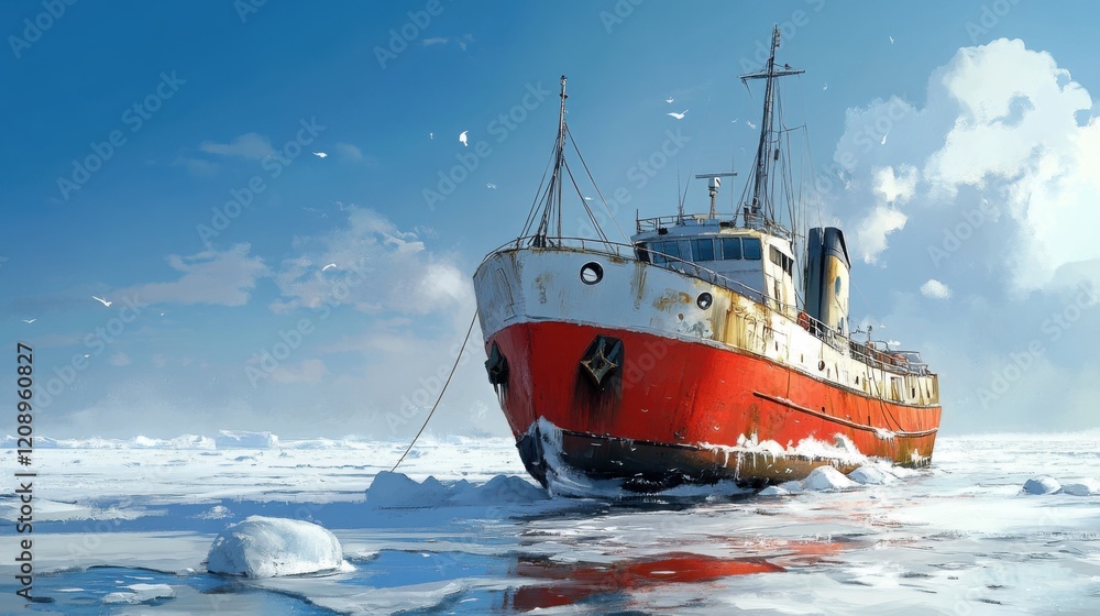 Fototapeta premium Frozen Vessel: A solitary rusty red ship trapped in Arctic ice under a bright blue sky, a scene of isolation and resilience.