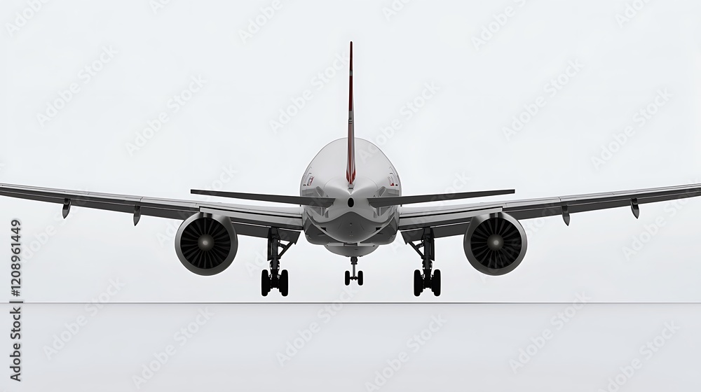 An angled rear view of a commercial jet ascending into flight, emphasizing the engines and wing structure, isolated on a plain white background An angled rear view of a commercial jet ascending into flight, emphasizing the engines and wing structure, isolated on a plain white background