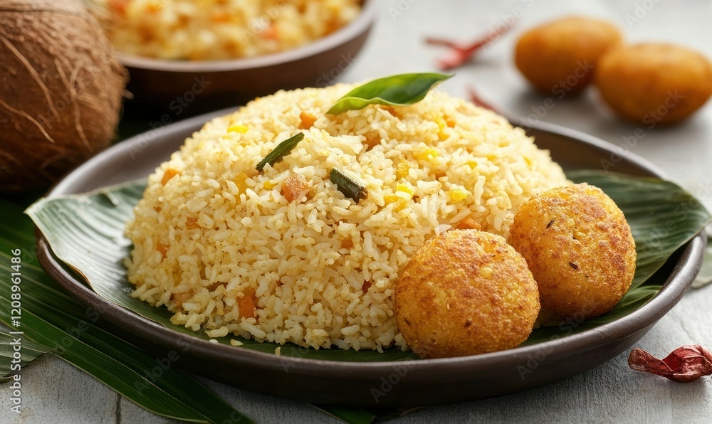 Coconut rice, fried balls, tropical setting, food photography, menu. Coconut rice, fried balls, tropical setting, food photography, menu.