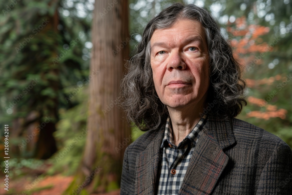 A man with long hair stands amidst trees, showcasing a thoughtful expression in a natural, serene environment. A man with long hair stands amidst trees, showcasing a thoughtful expression in a natural, serene environment.