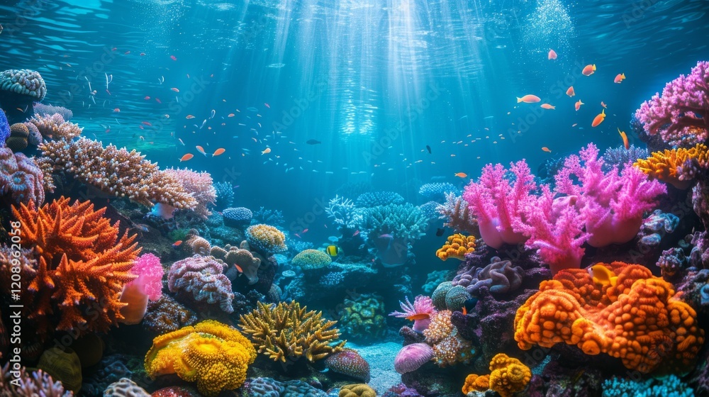 custom made wallpaper toronto digitalColorful coral reef with sunbeams and fish swimming in the blue water. AI generative. .