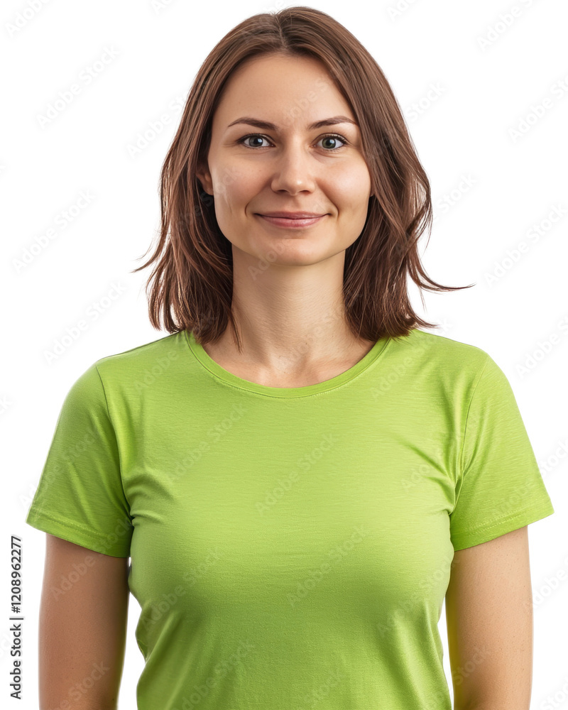 Friendly Brunette Woman in Green Shirt Smiling Confidently on White Background Friendly Brunette Woman in Green Shirt Smiling Confidently on White Background