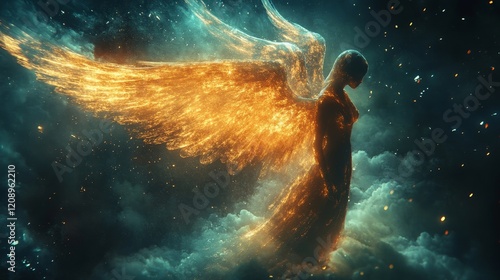 Angel in the Clouds Digital Concept with Glowing Effects, Generative AI
