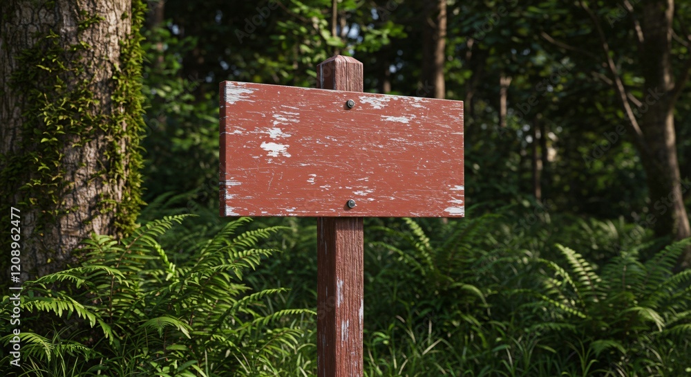 A weathered red wooden sign with peeling paint is mounted on a post, surrounded by lush greenery, ferns, and forest trees. A weathered red wooden sign with peeling paint is mounted on a post, surrounded by lush greenery, ferns, and forest trees.