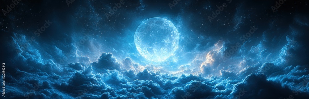 Mystical Night Sky with Glowing Moon Surrounded by Swirling Clouds Mystical Night Sky with Glowing Moon Surrounded by Swirling Clouds