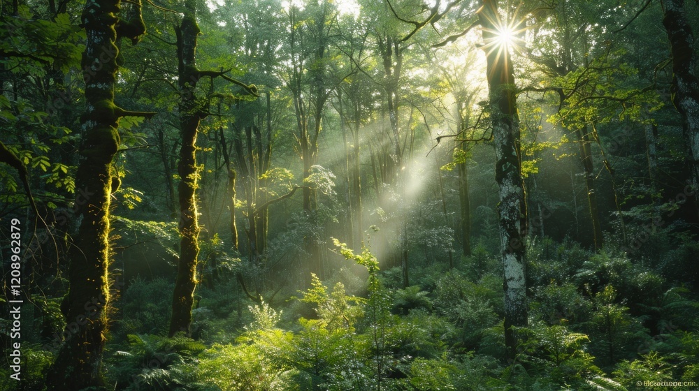 Fototapeta premium Sunlight streams through a dense forest, illuminating mossy tree trunks. AI generative. .