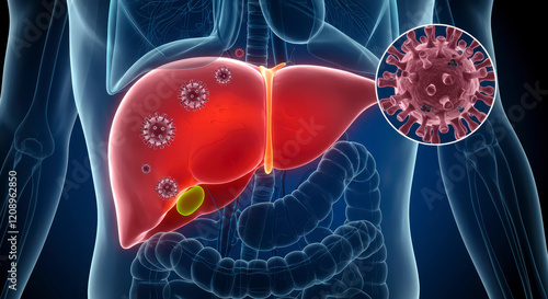 3D Illustration of Hepatitis B Infection: Liver with Highlighted Viral Cells Inside the Human Body photo