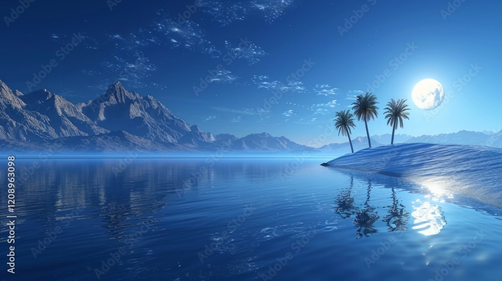 A serene beach scene with palm trees, a full moon, and mountains in the distance. AI generative. . A serene beach scene with palm trees, a full moon, and mountains in the distance. AI generative. .