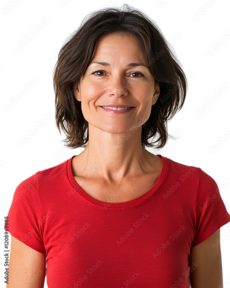 Smiling Middle Aged Woman in Red Top Posing for Professional Portrait Against White Background Smiling Middle Aged Woman in Red Top Posing for Professional Portrait Against White Background