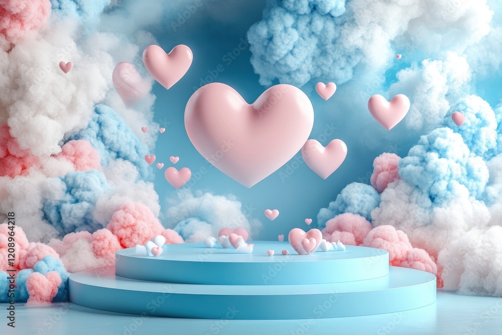 Happy St Valentines day podium display with flying blue pastel pink heart shape, 3D rendering illustration. Romantic love design template. Happy St Valentines day podium display with flying blue pastel pink heart shape, 3D rendering illustration. Romantic love design template.