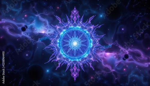 Cosmic flower of life symbol with glowing blue accents, dark cosmic background, mystical energy

