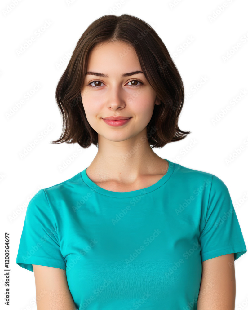 Young Woman in Green Shirt Posing with Cheerful Smile in Professional Studio Setting Young Woman in Green Shirt Posing with Cheerful Smile in Professional Studio Setting