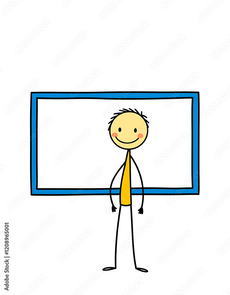 Cartoon stick figure, yellow body, smiling, next to large blue picture frame, minimalist, white background, cheerful vector illustration.