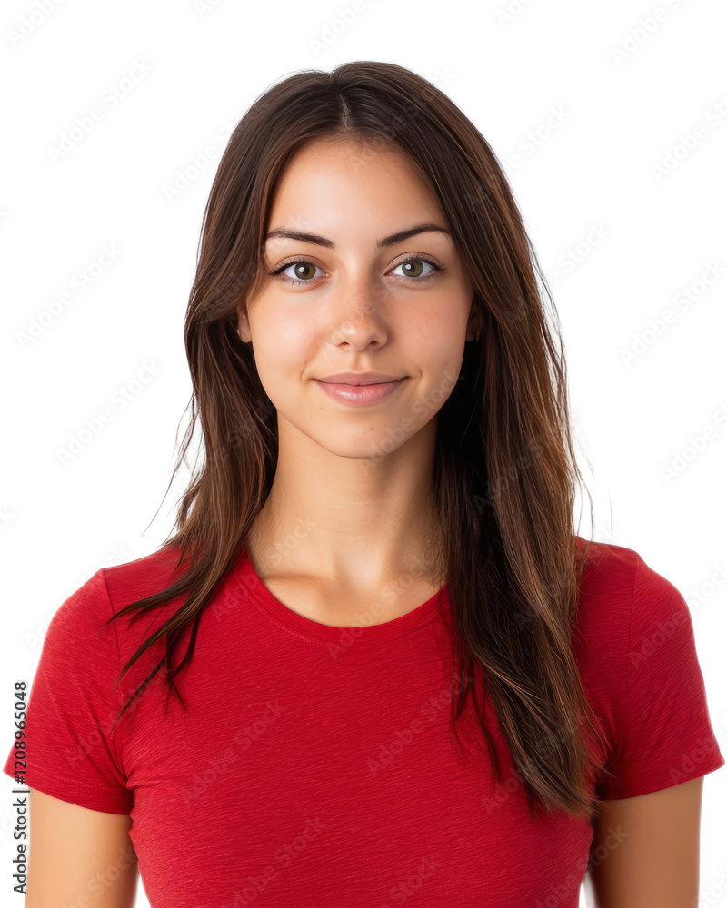 Cheerful Young Woman With Brunette Hair Wearing Red Shirt Smiling Confidently at on White Background Cheerful Young Woman With Brunette Hair Wearing Red Shirt Smiling Confidently at on White Background