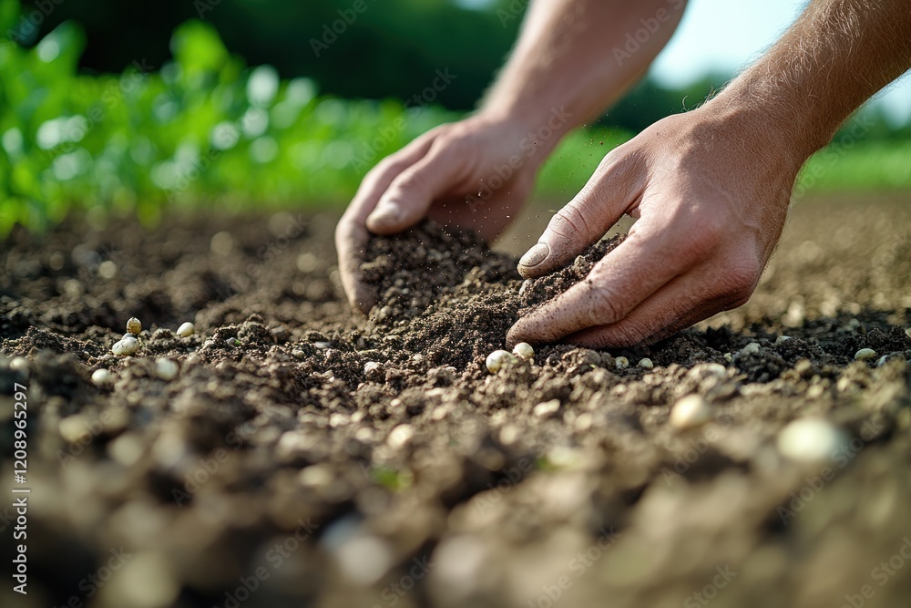 Hands planting seeds in fertile soil on sunny day outdoors Hands planting seeds in fertile soil on sunny day outdoors