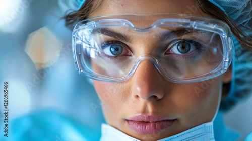 Close-up of a woman's eyes wearing protective goggles and a surgical mask. AI generative. .