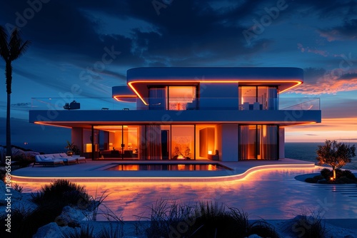 Modern house with warm interior lights, a pool, and a palm tree. AI generative. . photo